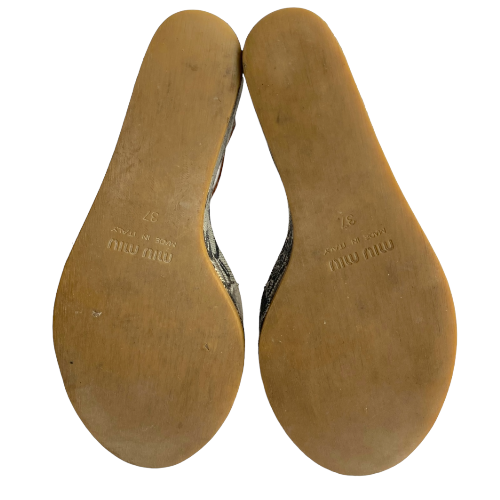 MIU MIU Brown Leather Strappy Floral Printed Canvas Wedge Heel Sandals, Size 37