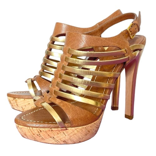 NEW MIU MIU Brown & Gold Leather Strappy Cork Platform Heel Sandals, Size 36