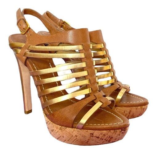 NEW MIU MIU Brown & Gold Leather Strappy Cork Platform Heel Sandals, Size 36