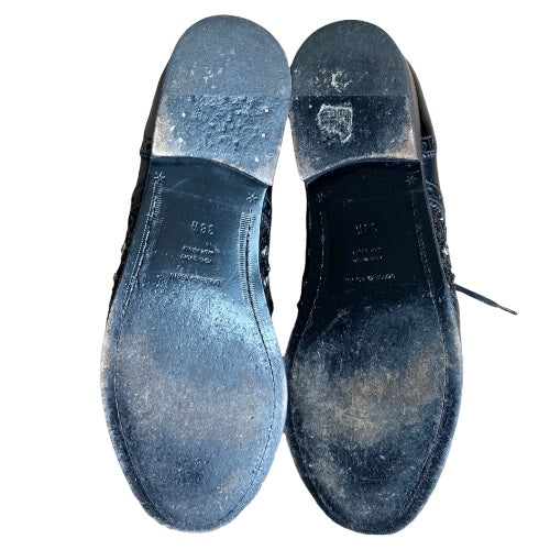 DOLCE & GABBANA Black Brogue Leather Studded Embellished Lace Oxfords, Size 38.5