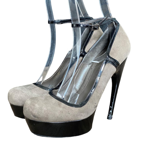 ALEXANDER MCQUEEN Gray Suede Ankle Strap Platform Horn Heel Pumps, Size 37