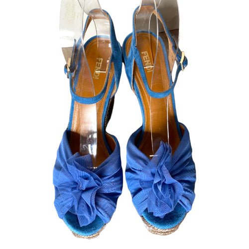 FENDI Blue Mesh Fabric & Suede Wedge Espadrille Ankle Strap Sandals, 39
