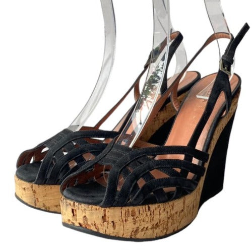 ALAIA Black Suede Strappy Peep Toe Cork Platform Wedge Sandals, Size 37.5
