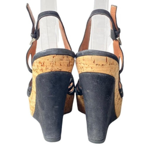 ALAIA Black Suede Strappy Peep Toe Cork Platform Wedge Sandals, Size 37.5