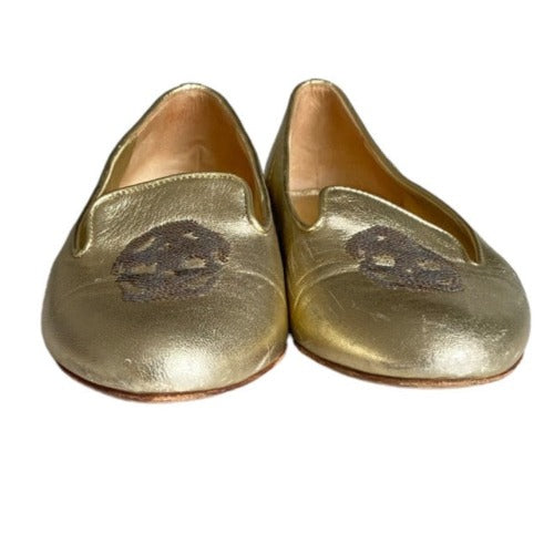 ALEXANDER MCQUEEN Gold Leather Sequin Skull Ballet Loafer Flats, Size 37