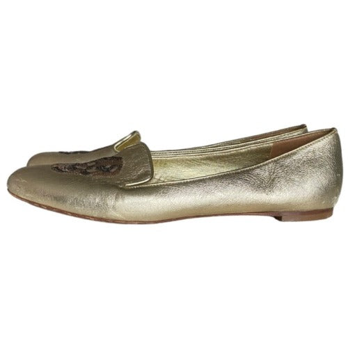 ALEXANDER MCQUEEN Gold Leather Sequin Skull Ballet Loafer Flats, Size 37