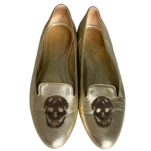 ALEXANDER MCQUEEN Gold Leather Sequin Skull Ballet Loafer Flats, Size 37