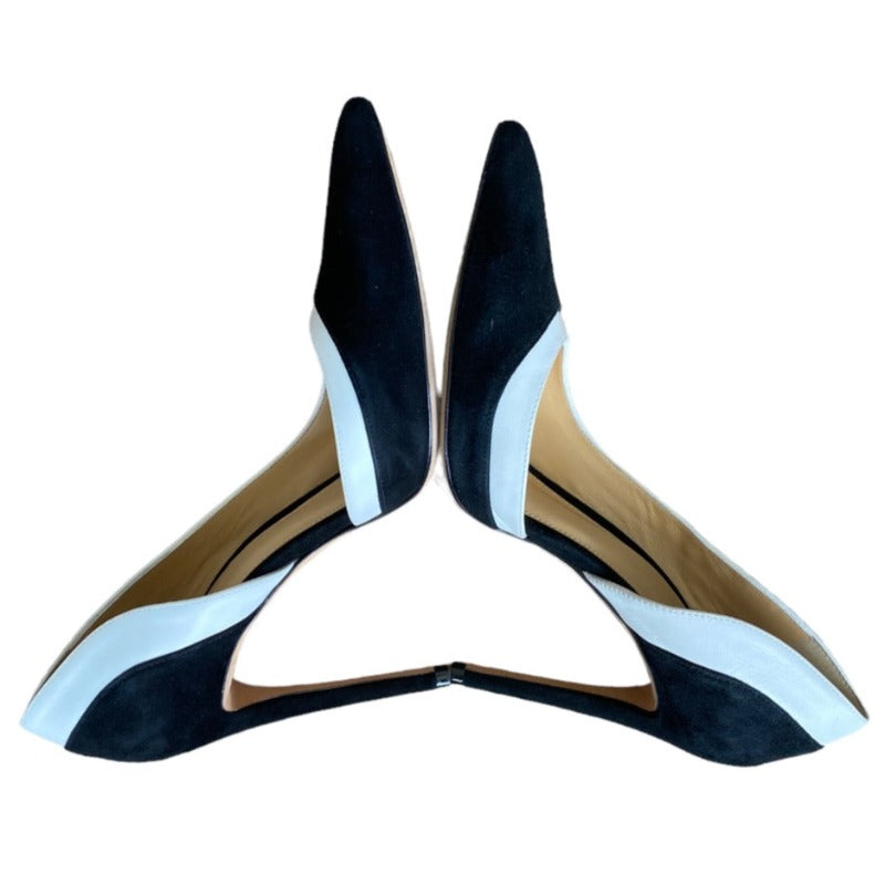 ALEXANDRE BIRMAN Black Suede White Leather Pointed Toe Stiletto Pumps, Size 37.5