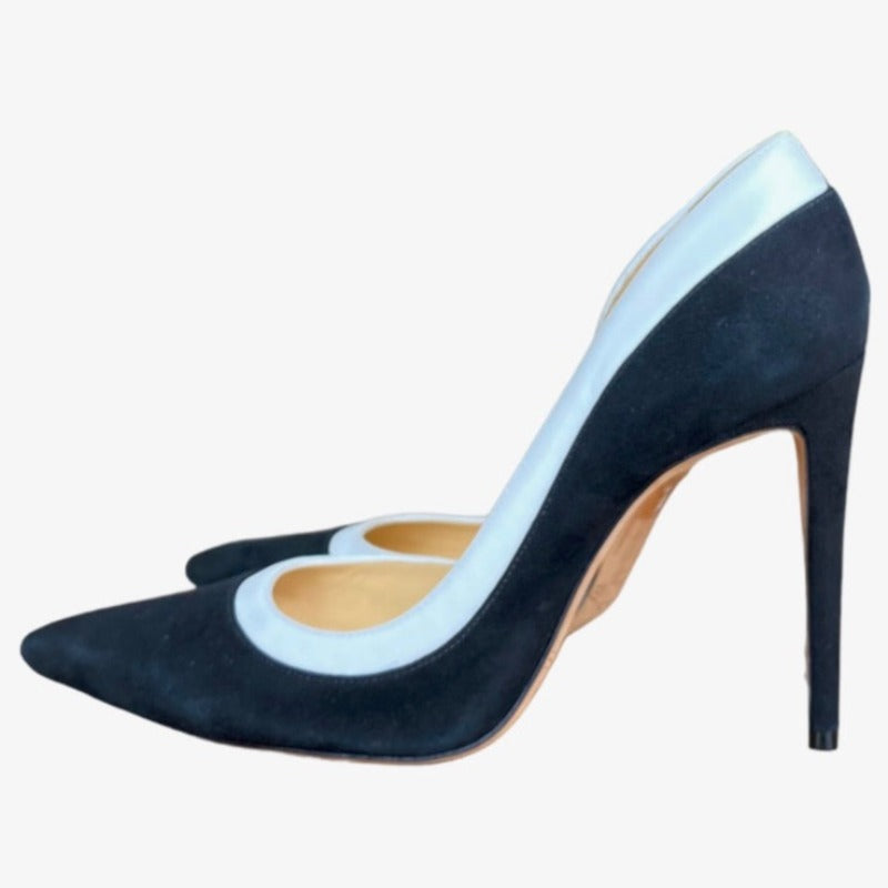 ALEXANDRE BIRMAN Black Suede White Leather Pointed Toe Stiletto Pumps, Size 37.5
