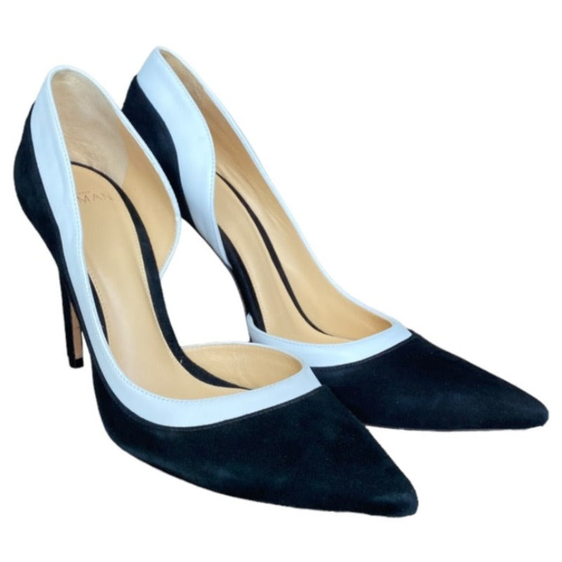 ALEXANDRE BIRMAN Black Suede White Leather Pointed Toe Stiletto Pumps, Size 37.5