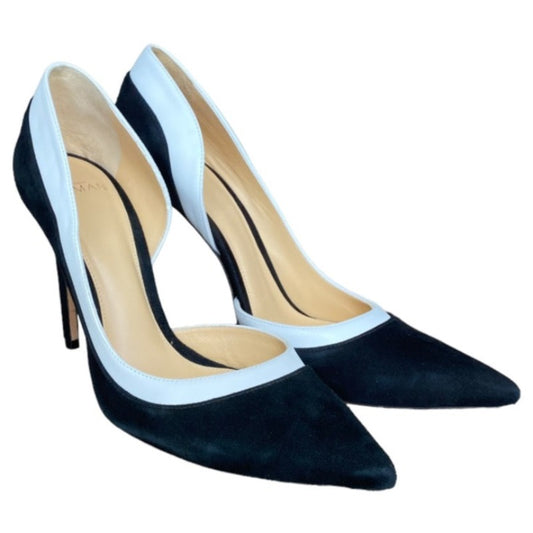 ALEXANDRE BIRMAN Black Suede White Leather Pointed Toe Stiletto Pumps, Size 37.5