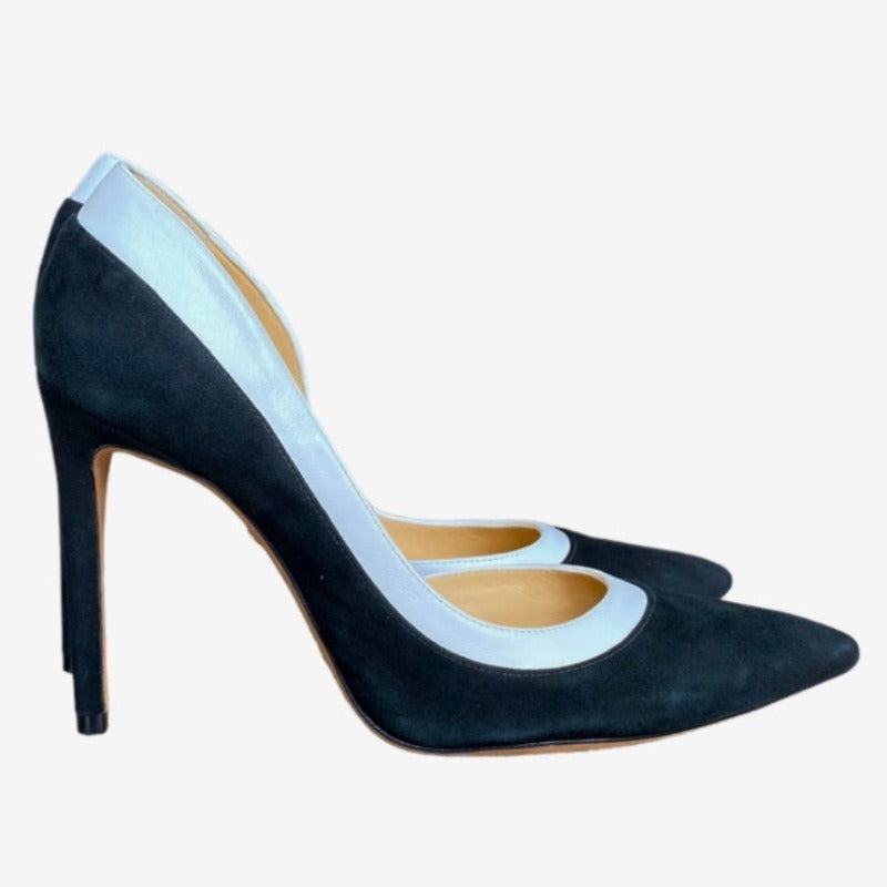 ALEXANDRE BIRMAN Black Suede White Leather Pointed Toe Stiletto Pumps, Size 37.5