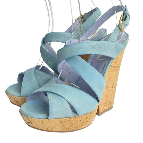 YVES Saint Laurent Lauren Blue Suede Crisscross Strappy Cork Wedge Sandals, 36.5
