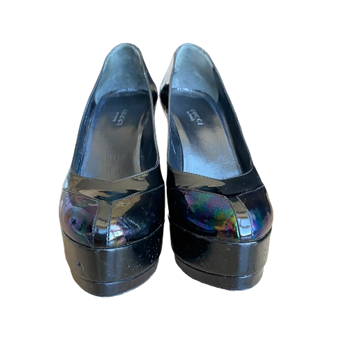 GUCCI Black Oil Slick Patent Leather Platform Pumps, Size 37.5