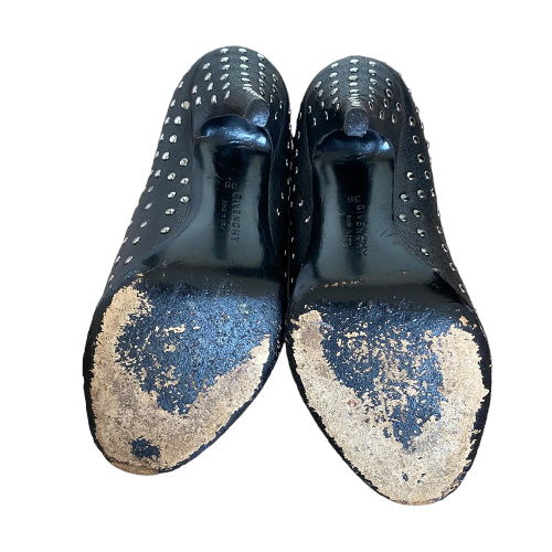 GIVENCHY Black Leather Studded Open Toe Pumps, Size 39