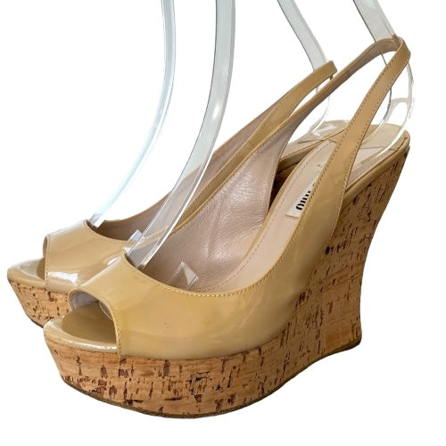 MIU MIU Beige Patent Leather Peep Toe Slingback Cork Wedge Sandals, Size 38
