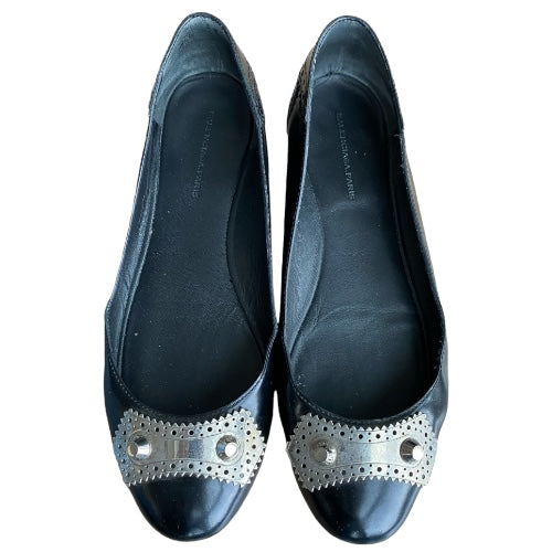 BALENCIAGA Arena Black Brogue Glossy Leather Metal Ballet Flats, Size 37