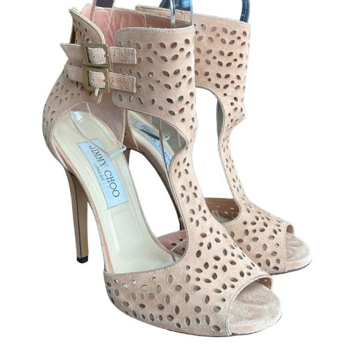 JIMMY CHOO Peach Pink Laser Cut Suede T Strap Peep Toe Sandals, Size 37.5