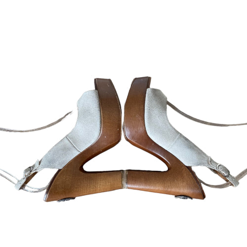 CHANEL Beige Suede Interlocking CC Logo Slingback Wooden Platform Sandals, 37