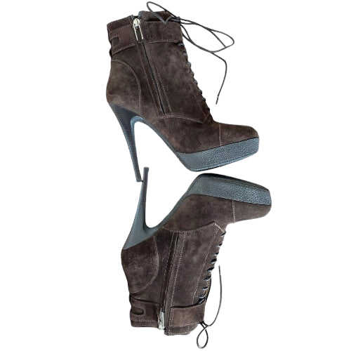 NEW YVES SAINT LAURENT Brown Suede Lace Up Ankle Platform Boots, Size 36.5