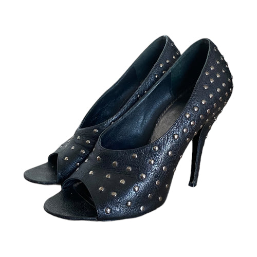 GIVENCHY Black Leather Studded Open Toe Pumps, Size 39