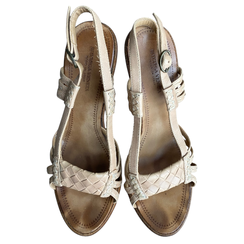 BOTTEGA VENETA Beige Leather Intrecciato Slingback Platform Wedge Sandals, 37