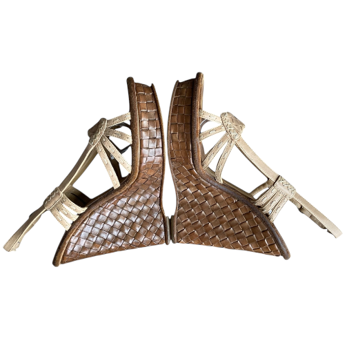BOTTEGA VENETA Beige Leather Intrecciato Slingback Platform Wedge Sandals, 37