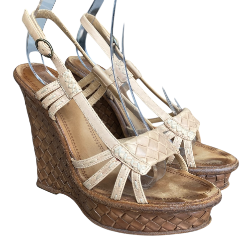 BOTTEGA VENETA Beige Leather Intrecciato Slingback Platform Wedge Sandals, 37