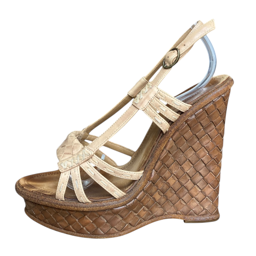 BOTTEGA VENETA Beige Leather Intrecciato Slingback Platform Wedge Sandals, 37
