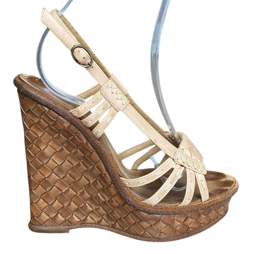 BOTTEGA VENETA Beige Leather Intrecciato Slingback Platform Wedge Sandals, 37