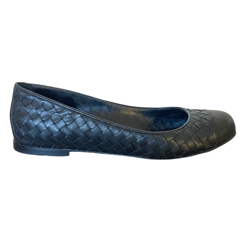 BOTTEGA VENETA Black Leather Intrecciato Cap Toe Ballet Flats, Size 37