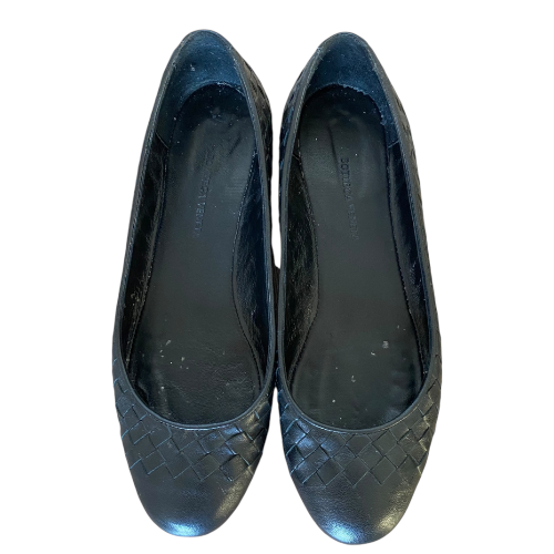 BOTTEGA VENETA Black Leather Intrecciato Cap Toe Ballet Flats, Size 37