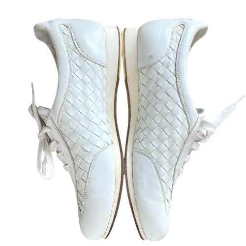 BOTTEGA VENETA White Leather Intrecciato Lace Up Low Top Sneakers, Size 36