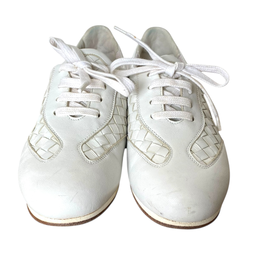 BOTTEGA VENETA White Leather Intrecciato Lace Up Low Top Sneakers, Size 36