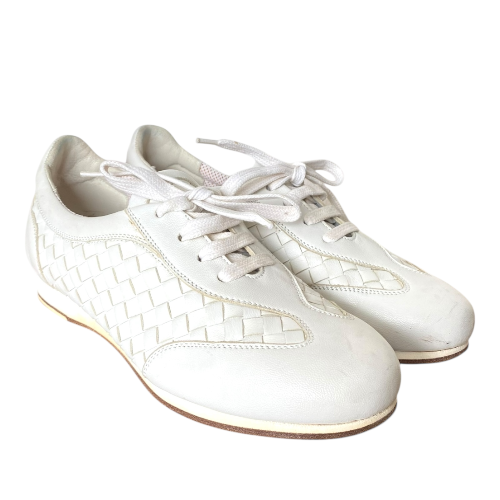 BOTTEGA VENETA White Leather Intrecciato Lace Up Low Top Sneakers, Size 36