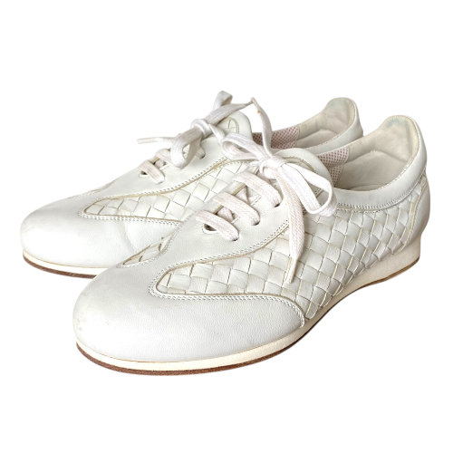 BOTTEGA VENETA White Leather Intrecciato Lace Up Low Top Sneakers, Size 36