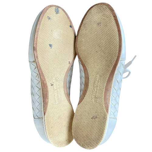 BOTTEGA VENETA White Leather Intrecciato Lace Up Low Top Sneakers, Size 36