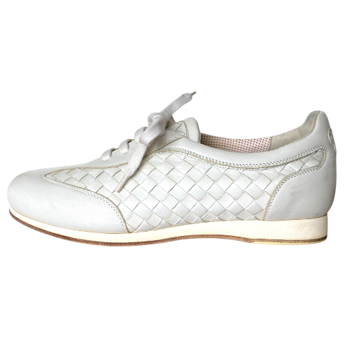 BOTTEGA VENETA White Leather Intrecciato Lace Up Low Top Sneakers, Size 36