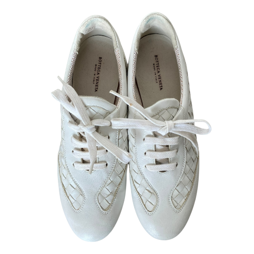 BOTTEGA VENETA White Leather Intrecciato Lace Up Low Top Sneakers, Size 36