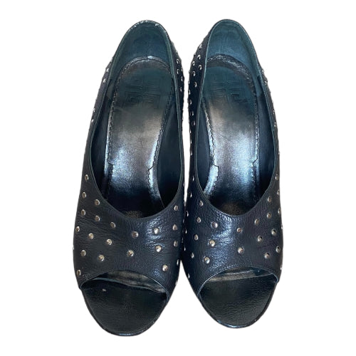 GIVENCHY Black Leather Studded Open Toe Pumps, Size 39