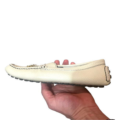 LOUIS VUITTON White Iridescent Leather Flat Loafers with Gold Flower, Size 38.5
