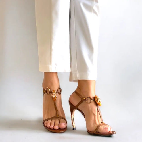 Gucci x Tom Ford Brown Leather Snake Head Embellished Slide Sandals, Size 39