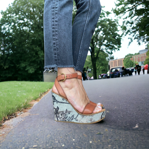 MIU MIU Brown Leather Strappy Floral Printed Canvas Wedge Heel Sandals, Size 37