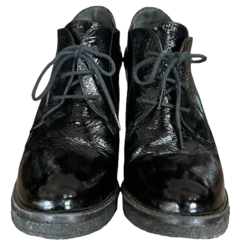 BALENCIAGA Black Patent Leather Lace Up Block Heel Ankle Booties, Size 40