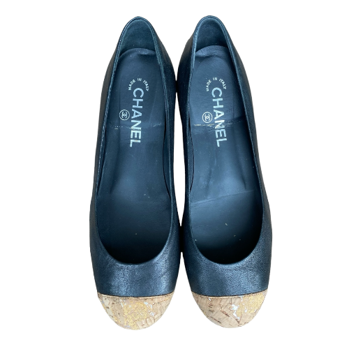 CHANEL Black Leather Cork Cap Toe Wedge Low Heel Pumps, Size 38