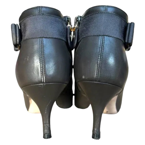 SALVATORE FERRAGAMO Anthracite Leather Bow Detail Ankle Booties, Size 6.5 C