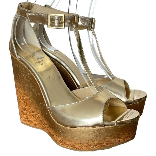 JIMMY CHOO Pela Gold Metallic Leather T Strap Cork Wedge Sandals, Size 39.5