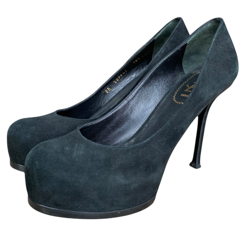YSL YVES SAINT LAURENT Black Suede Tribtoo Tribute Platform Pumps, Size 38.5