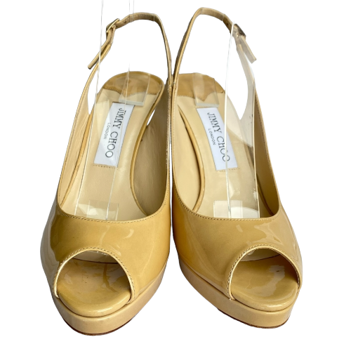 JIMMY CHOO Shaw Nude Patent Leather Vita Peep-Toe Slingback Pumps, Size 38.5