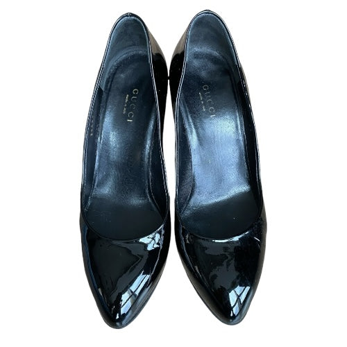 GUCCI Black Patent Leather Gucci Logo On Heel Wedge Pumps, Size 35